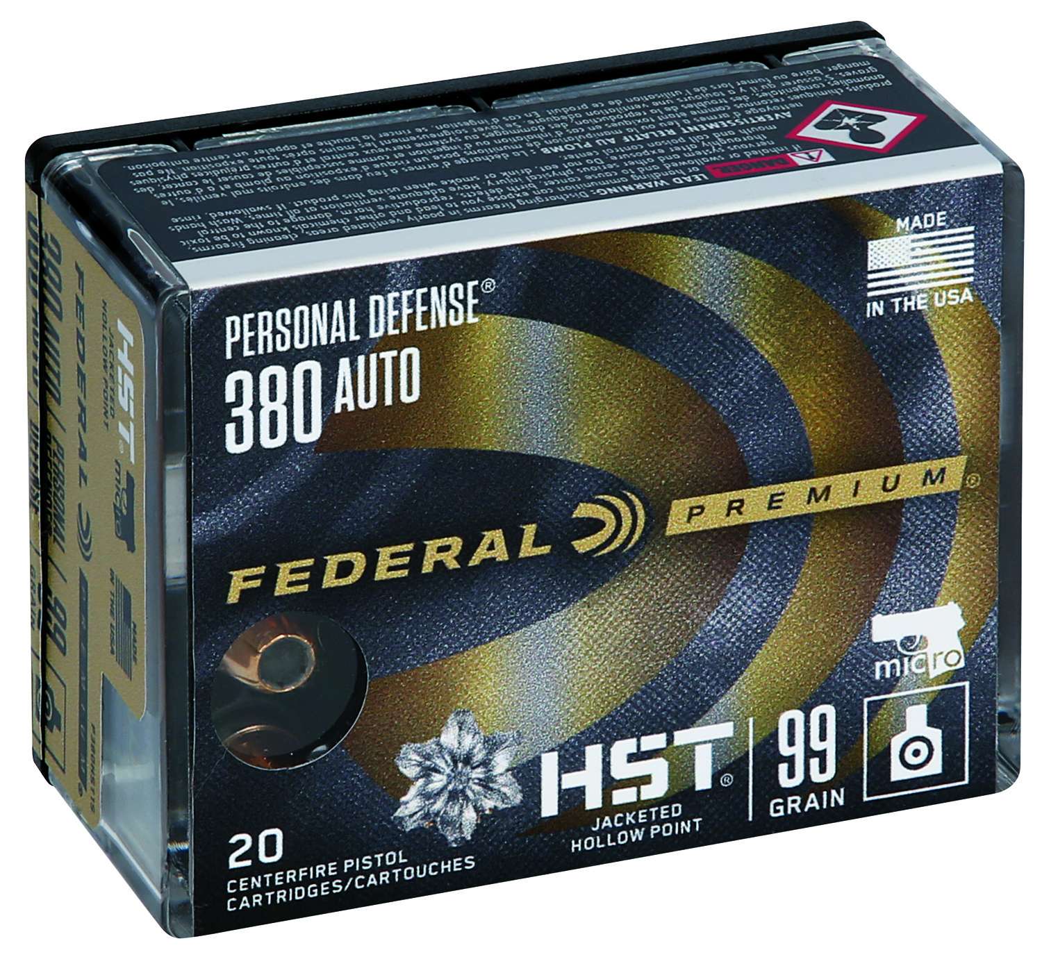 Federal Premium Personal Defense Micro Ammunition 380 ACP 99 Grain Hydra-Shok Deep Jacketed Hollow Point Box of 20